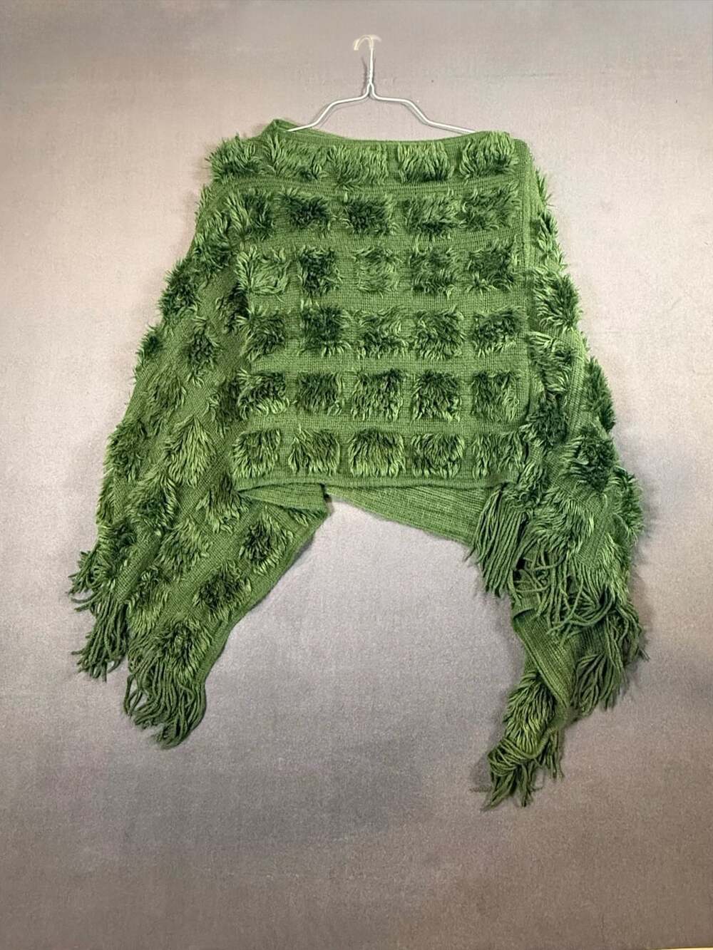 Green Shaggy Fringe Knit Poncho Shawl Wrap Oversized Boho Textured Sweater